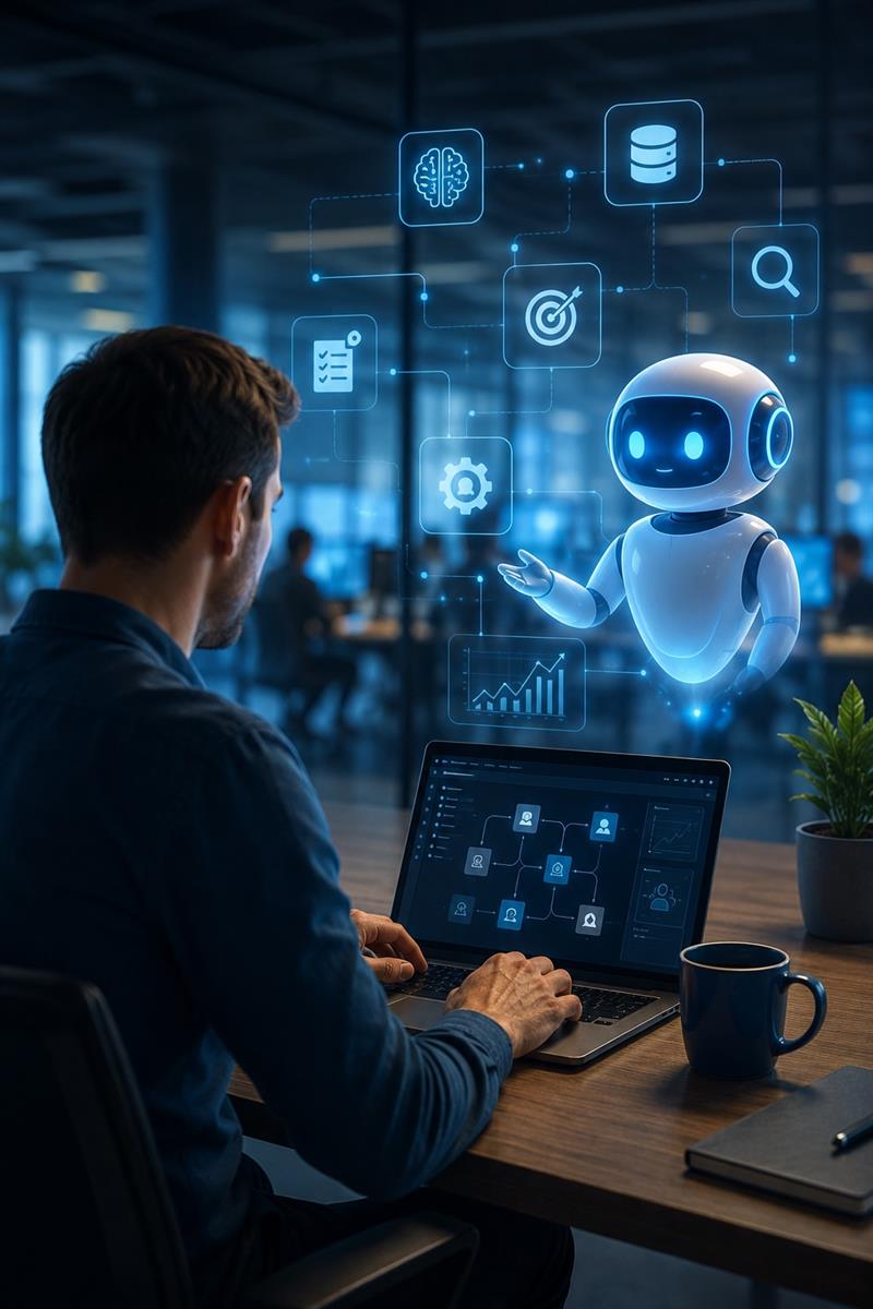 Entwickler arbeitet an einem Laptop mit einem KI-Assistenten und einer visualisierten Agentic-AI-Architektur. Vernetzte Symbole für künstliche Intelligenz, Datenbanken, Workflow-Automatisierung, Suche, Prozesssteuerung und Datenanalyse verdeutlichen moderne AI-Agenten, Enterprise-KI, Automatisierung und intelligente Geschäftsanwendungen.