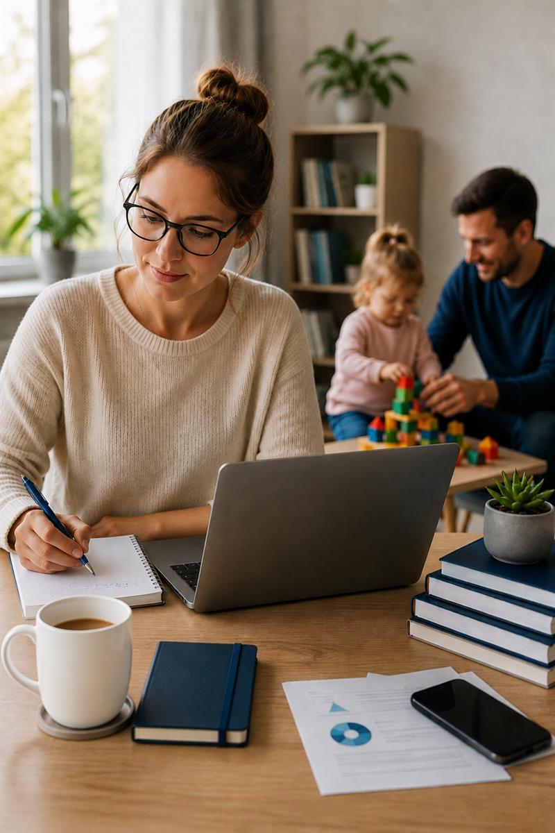 Frau beim berufsbegleitenden Fernstudium am Laptop, während im Hintergrund ihr Partner mit dem Kind spielt – Symbolbild für die Vereinbarkeit von Beruf, Familie und Studium.