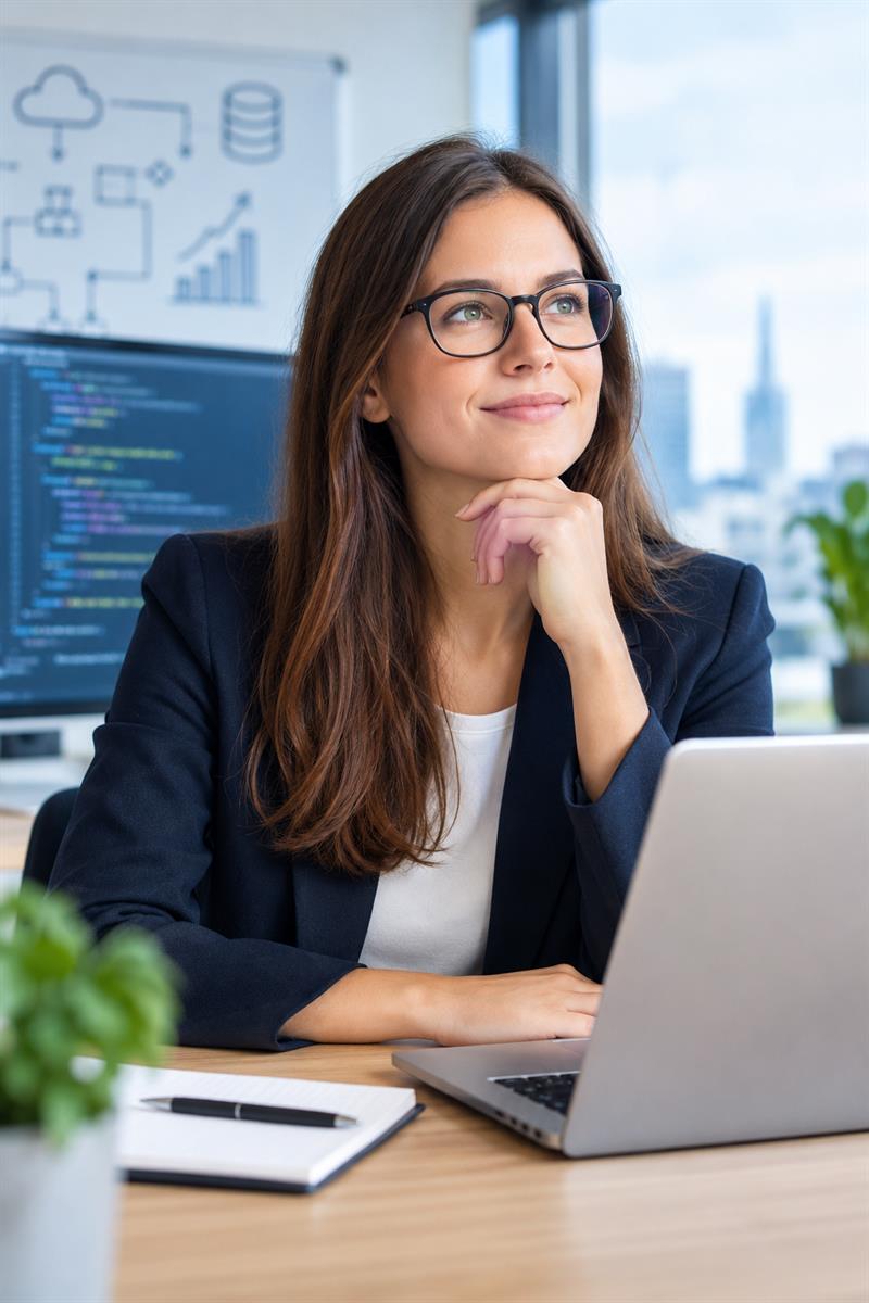 Berufstätige Frau mit Brille am Laptop im modernen Büro – Symbolbild für IT-Karriere, Digitalisierung und berufliche Weiterbildung