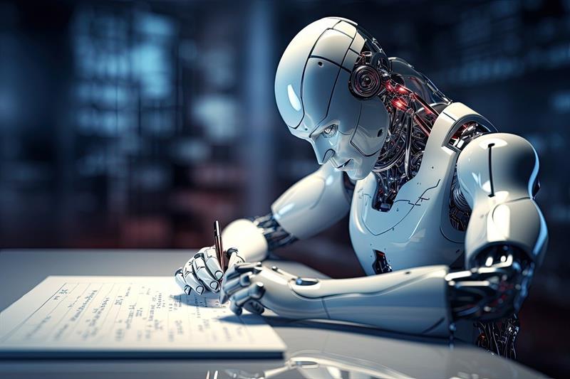 Humanoider Roboter sitzt am Schreibtisch und schreibt