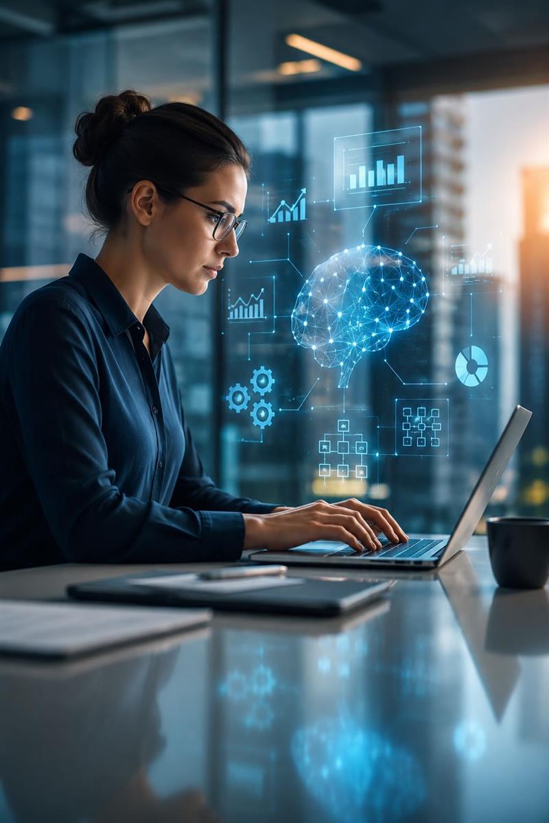 Wirtschaftsinformatikerin arbeitet mit Laptop und visualisierten KI- und Datenanalyse-Elementen in einer modernen digitalen Arbeitsumgebung.