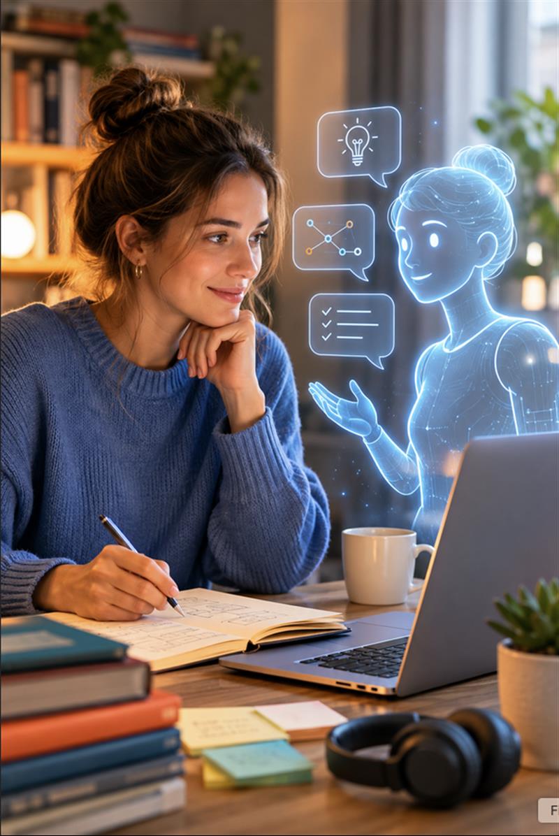 Junge Frau arbeitet mit Laptop und Notizbuch, während ein leuchtender KI-Assistent sie beim Lernen und Entwickeln von Ideen unterstützt.