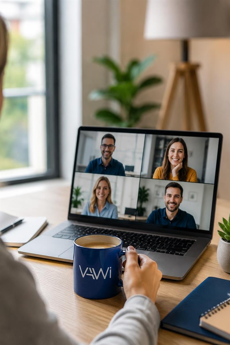 Laptop mit Videokonferenz und blauer VAWi-Kaffeetasse auf einem Schreibtisch als Symbol für die virtuelle Informationsveranstaltung des Masterstudiengangs Wirtschaftsinformatik.